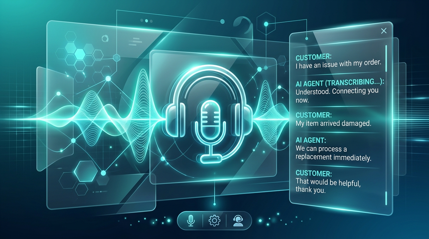 AI Voicebot & Customer Service Illustration with Neural Headset & Transcripts
